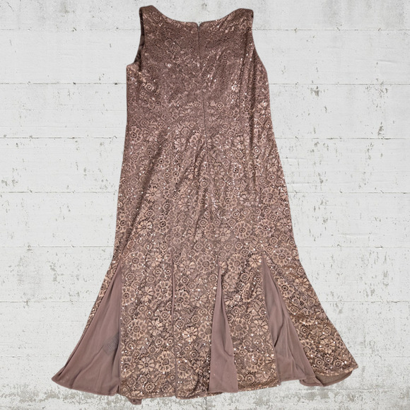 90s Vintage Bronze Midi Dress Brown Sequin Floral Lace Column Midi Dress Size 12 - Picture 9 of 16